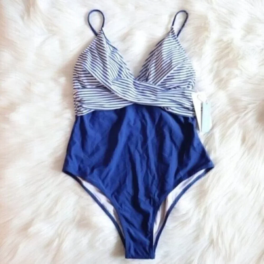 NWT Blue One Piece Bathing Suit Size XXL White Stripe Print
